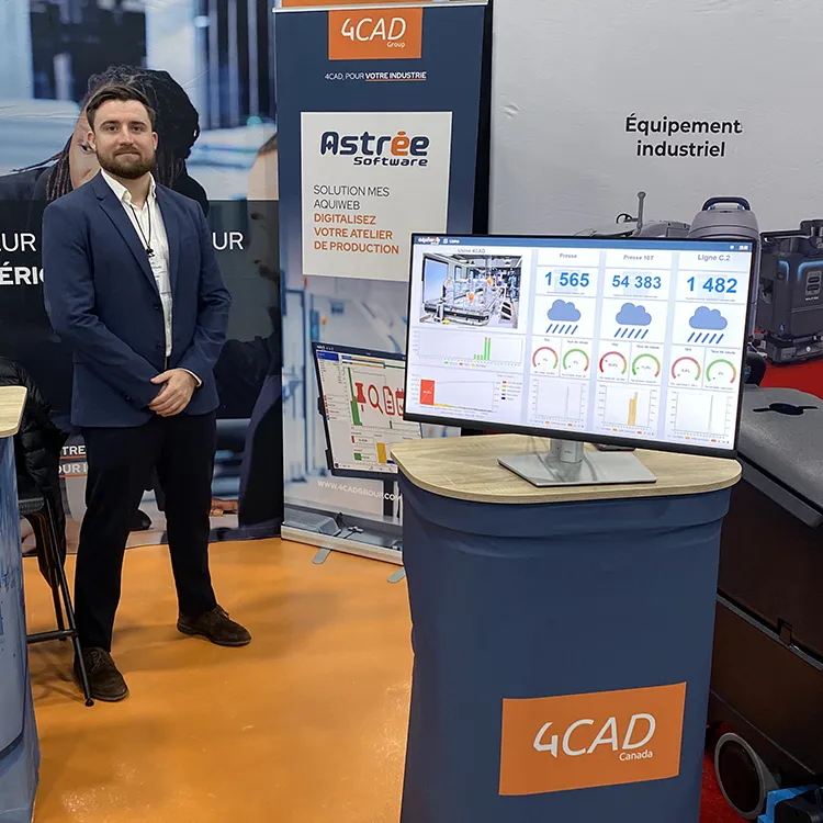 Illustration d’un écran montrant un tableau de bord MES Aquiweb avec indicateurs de production en temps réel dans un environnement industriel