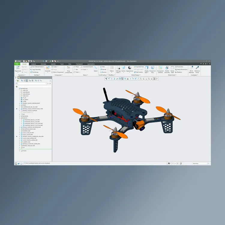 Modèle 3D Creo V12 : assemblage multi‑corps