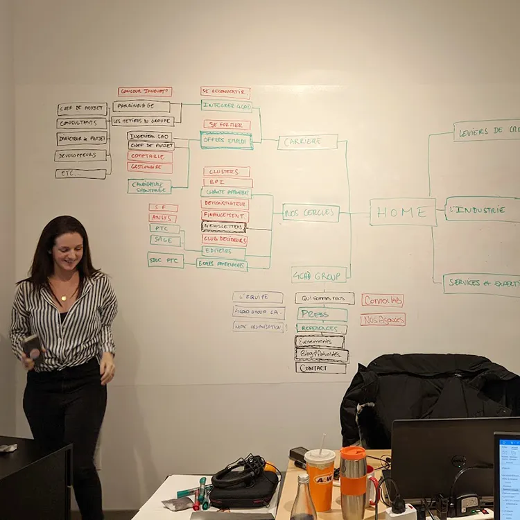 Collaboratrice 4CAD Canada travaillant en 2019 sur l’architecture du futur site internet, avec une carte de navigation schématisée au mur dans les bureaux